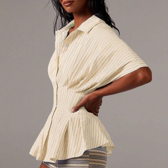 Yellow Women's Casual Minimalist Striped button down pleated Waist Shirt - Picture 5 of 5